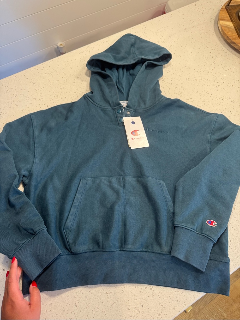 Champion Women’s Hooded Crewneck Sweatshirt in Teal